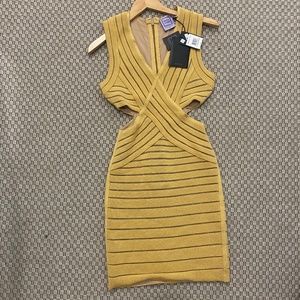 YELLOW HERVE LEGER CUTOUT BANDAGE DRESS